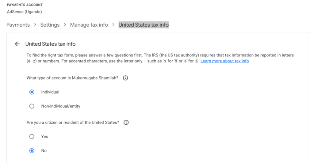 Adsense Uganda tax info details filling in