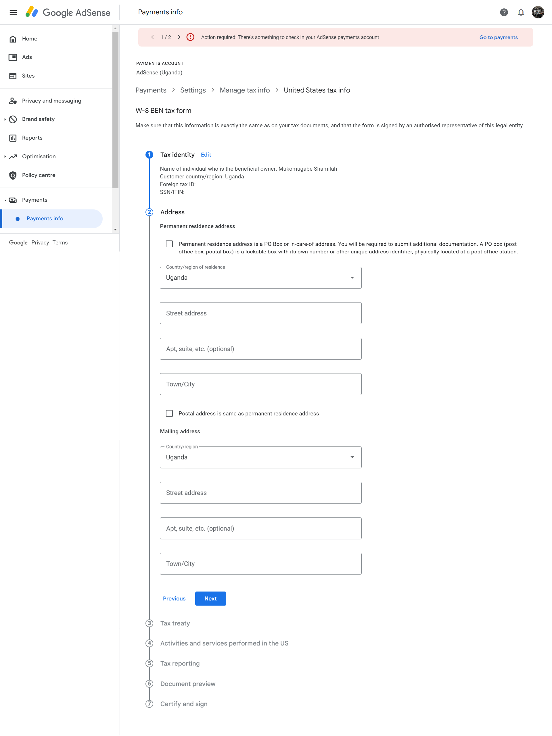 Adsense Uganda tax info details filling in